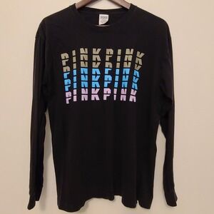 Victoria Secret PINK Women's Top Med Black Long Sleeve Crew Neck Graphic T-Shirt